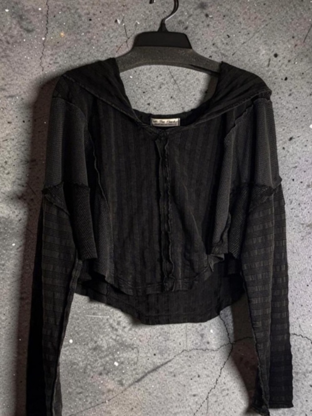 We The Free Black Textured Asymmetrical Long Sleeve Crop Hoodie, Lightweight